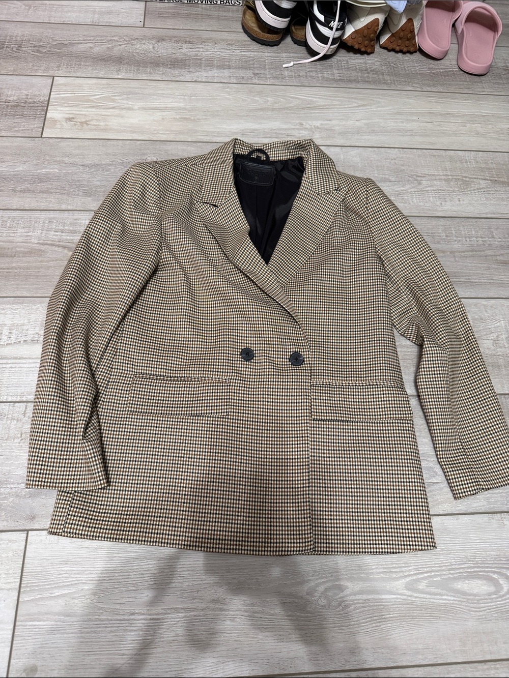 Women’s  Houndstooth Double-Breasted Women's Blazer Jacket - Beige/Black